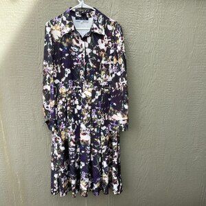 Dalia Macphee Long Sleeve Dress XL Pleated Abstract Floral Collared  Button Fron